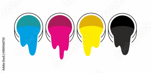 Four CMYK ink drops dripping from circular wells, clean vector icons of printing colors with glossy fill and outline. Ideal for print industry, graphic design, UI badges, palette branding.