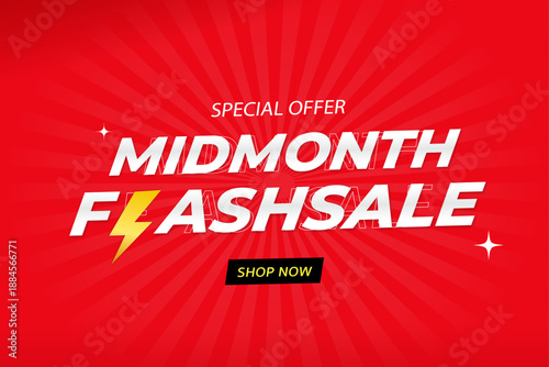 Midmonth flash sale vector banner with bold text effect, lightning bolt icon, and red sunburst background vector illustration.