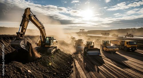 Heavy machinery excavating soil on large highway project, low-angle view, clouds and dust, representing construction, engineering, and industrial progress