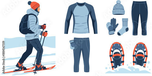 Person wearing winter clothing and snowshoes on snowy terrain with gear