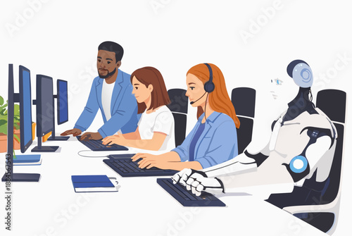 Futuristic call center environment with diverse professionals working alongside an advanced humanoid robot.