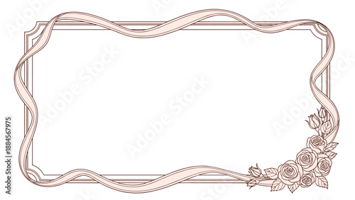 Elegant rectangular frame with decorative border wrapped in a flowing pink ribbon and adorned with roses in the bottom corner.