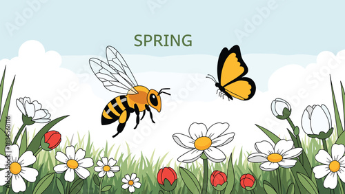 Vibrant spring illustration featuring a large honeybee and yellow butterfly flying above a field of blooming daisies and red flowers with spring text.