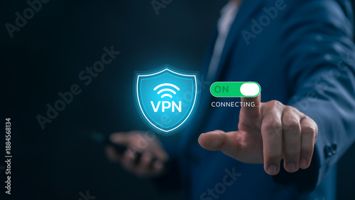 Slika na platnu Close-up of hand pressing digital ON switch to enable VPN service for private br