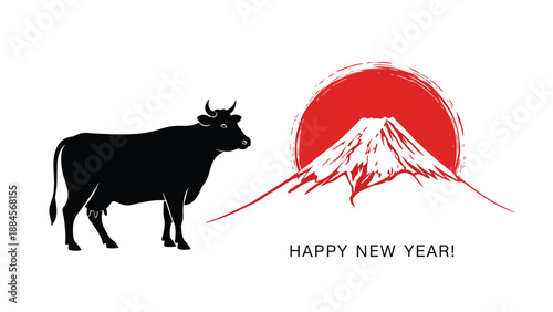 Minimalist japanese new year card for the year of the ox featuring a black ox silhouette and mount fuji against a bright red sun.