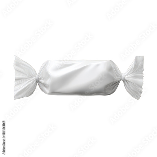 Blank white rectangular glossy candy or product wrapper mockup with twisted ends, isolated on transparent background.