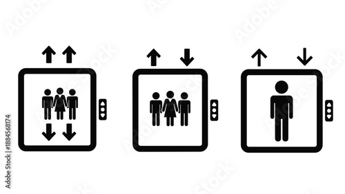 Collection of black elevator icons showing different occupancy levels for groups and individuals with up and down directional indicators.