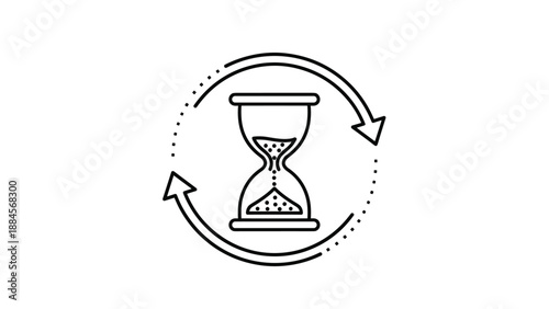 Line art icon of an hourglass surrounded by a circular arrow representing time management and repeating cycles.