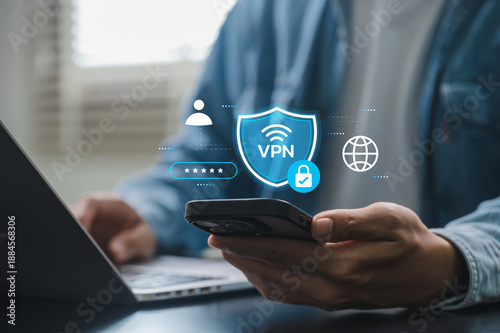 Quadro em tela VPN security concept with user activating secure connection on smartphone while