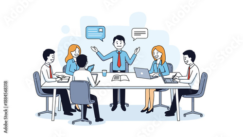 Business people having a productive meeting around a table with a manager speaking and sharing various ideas.