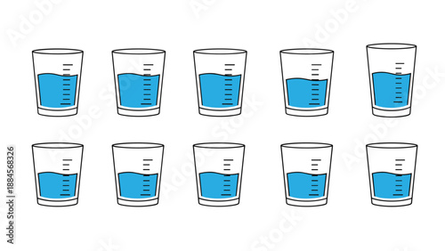 Set of ten identical measuring glasses partially filled with blue water arranged in two rows on a white background.