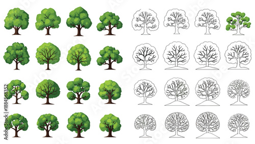 Diverse collection of tree illustrations showing various species and artistic styles ranging from detailed colors to simple black and white line art.