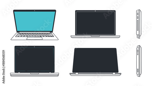 Comprehensive set of laptop computer illustrations showing front side and perspective views for digital technology and modern workspace concepts.