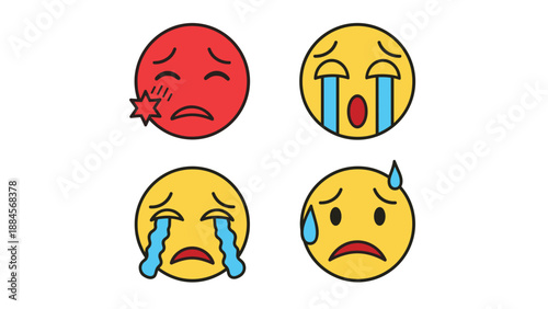 Expressive set of four emoji faces representing different levels of sadness distress and crying with tears and sweat drops for digital communication.
