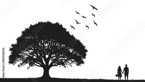 Romantic silhouette scene of a couple holding hands walking on a field under a massive spreading tree with birds flying in the sky above.