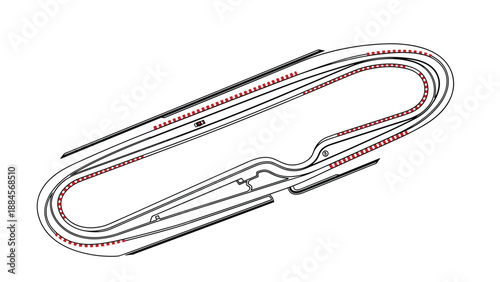 Overhead view diagram of a professional racing circuit layout featuring multiple turns and grandstand seating areas marked in red dots.