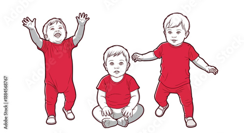 Three adorable babies in red onesies