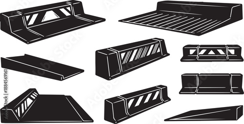 Collection of various black roadblocks and barriers illustration set