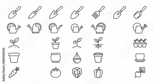 Sustainable Gardening and Agriculture Icons Set - Vector Line Art Collection of Plants, Tools, and Eco Farming Symbols on White Background