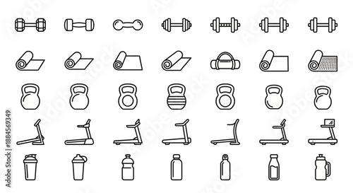 Fitness and Gym Workout Icons Set - Vector Line Art Collection of Sport, Exercise, and Healthy Lifestyle Symbols on White Background