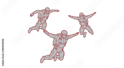 Three skydivers jumping in formation with arms outstretched in mid air