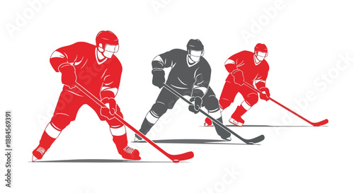 Three ice hockey players in action on with sticks and skates