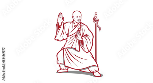 A red line drawing of a man in a traditional asian robe holding a staff