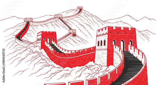 Illustration of the great wall of china in red with mountains in background