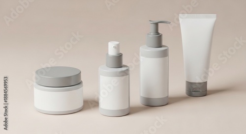 Assortment of blank white and grey cosmetic and skincare product packaging containers, perfect for branding mockups and beauty presentations