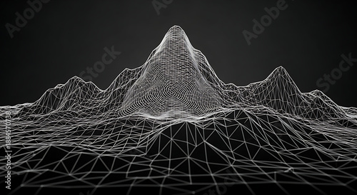 A 3d wireframe mountain landscape with a pointed peak and geometric lines