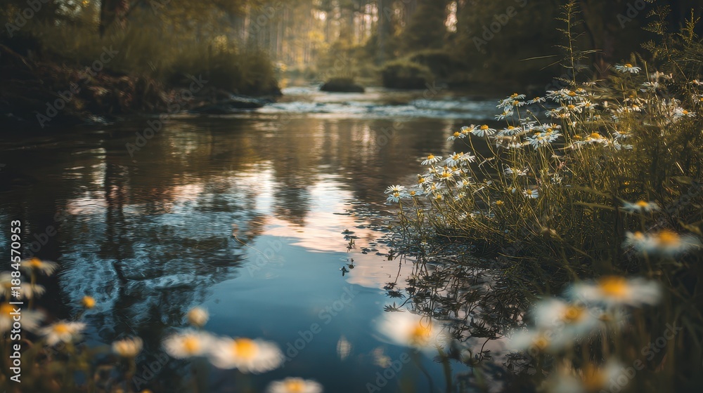 Obraz premium River reflection amberlight concept of balance and mindfulness selective focus slow living theme whimsical Overlay riverside meadow backdrop.