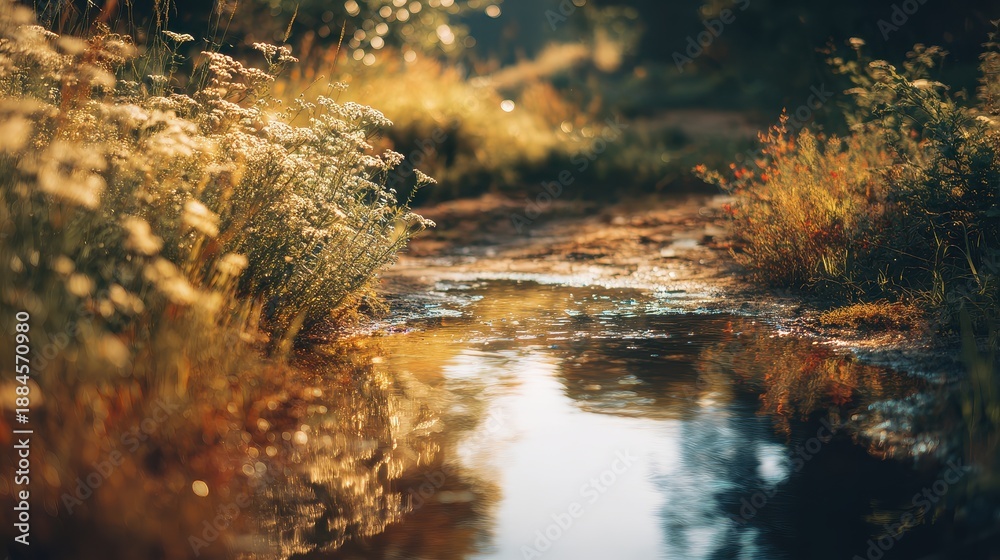 Obraz premium River reflection amberlight concept of balance and mindfulness selective focus slow living theme whimsical Overlay riverside meadow backdrop.