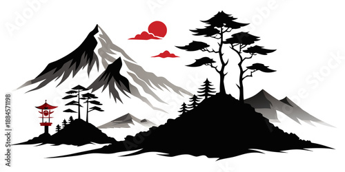 Japanese mountain landscape with torii gate
