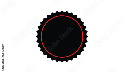 Black starburst badge with red circular border, festive award or seal design