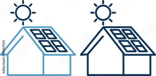 Vector illustration of two houses with solar panels on roof and sun