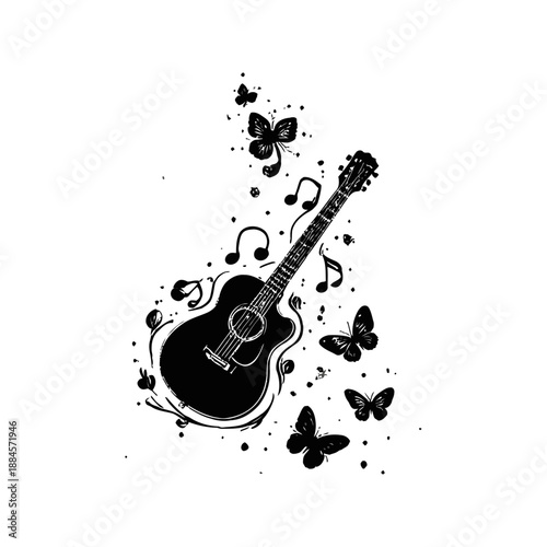 Electric guitar with music notes butterfly vector illustration
