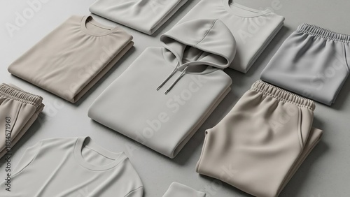 Folded clothing set in neutral colors, perfect for casual wear and comfortable outfits.
