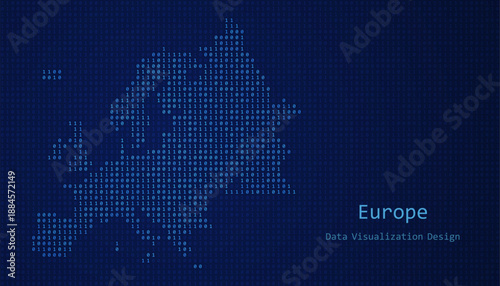 Europe map made of binary code on tech blue background
