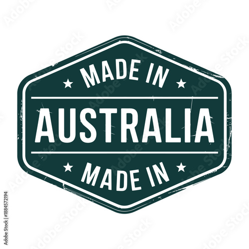 a vintage style emblem displaying made in australia text within a dark green hexagon