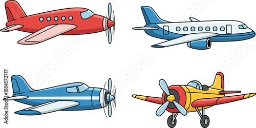 Set of Colorful Cartoon Airplanes and Propeller Planes Collection Including Jet Airliner and Vintage Aircraft Illustrations Isolated on White Background for Kids Design Projects