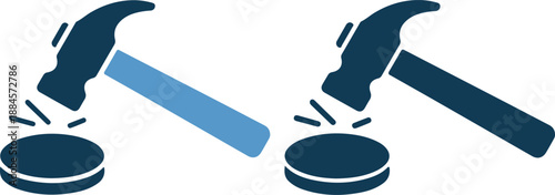 Two hammers striking coins with different colored handles