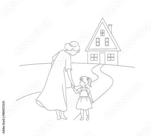 A gentle walk with grandmother and granddaughter towards a simple house outlined in black