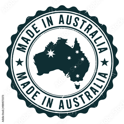a circular stamp design depicting australia with made in australia text