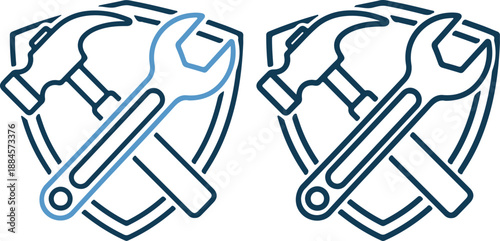 Two crossed hammer and wrench icons in shield shapes with blue outline