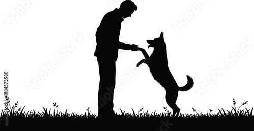 Man training dog silhouette illustration, owner bonding with pet outdoors, obedience training concept, black white vector scene isolated