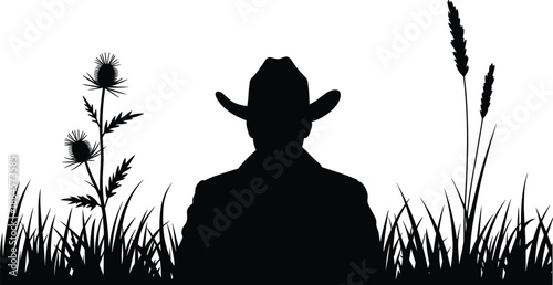 Man wearing hat silhouette illustration, countryside nature scene with grass plants, black white vector, rural lifestyle concept isolated