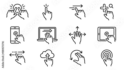 Touchscreen Gesture Vector Icon Set – 12 Black-and-White Interaction Symbols for Smartphone, Tablet, and Laptop UI Design and Instructional Use