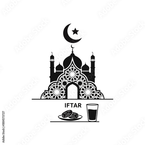 Islamic Iftar Celebration Illustration Featuring a Mosque, Crescent Moon, Star, Dates, and a Glass of Water