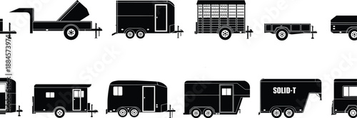 Utility trailer silhouettes set illustration, cargo transport trailers collection, black white vector icons, vehicle hauling equipment designs isolated