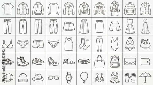 Fashion & Apparel Icon Grid – 50+ Monochrome Line Art Symbols of Clothing, Footwear, and Accessories for Retail, Editorial, and UI Design Use
